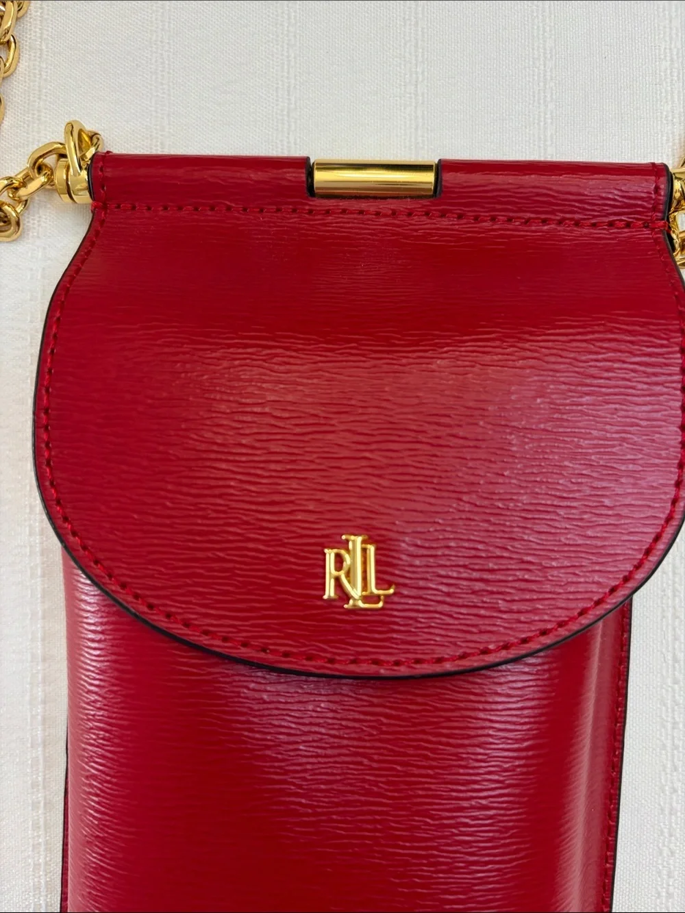 Ralph Lauren Red Leather Crossbody Phone Pouch with Gold Chain